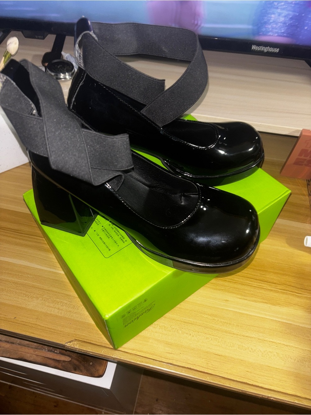 Women’s Black Patent Mary Jane Block Heel with Elastic Ankle Strap